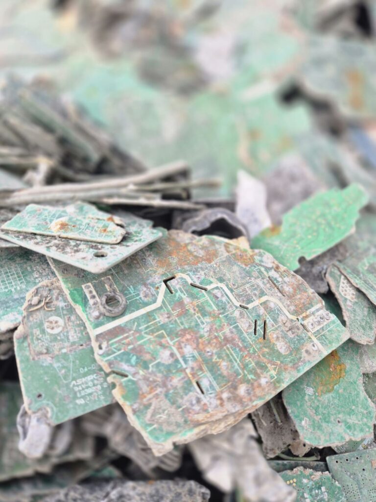 Shredded circuit boards seen close up