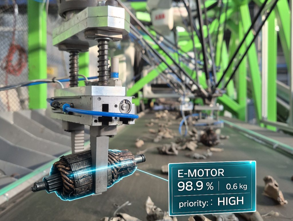 A delta robot gripper lifting an electric motor rotor off the belt, with its detection label